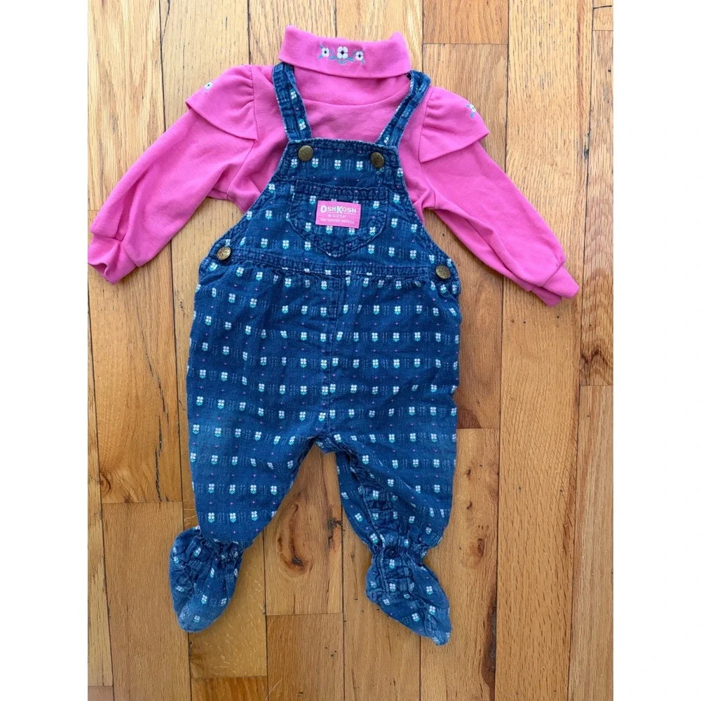 OshKosh Bgosh Vintage Floral Vestbak Footed Overalls With Matching Top 6-9 Month